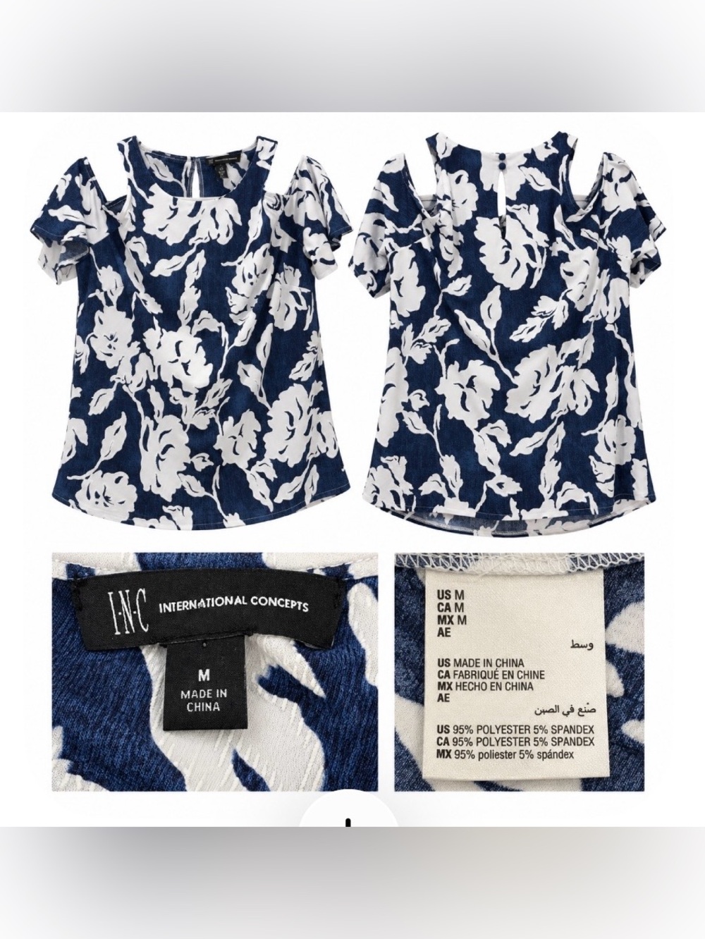 INC International Concepts Floral Cold Shoulder Top Navy White Size M